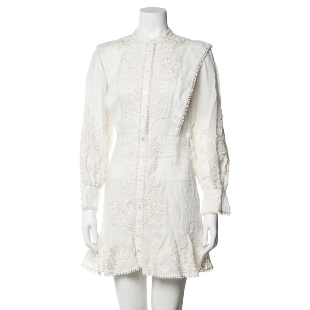 Veronica Beard, White Crew Neck Embellished Dress, Long Sleeve, Size 0
